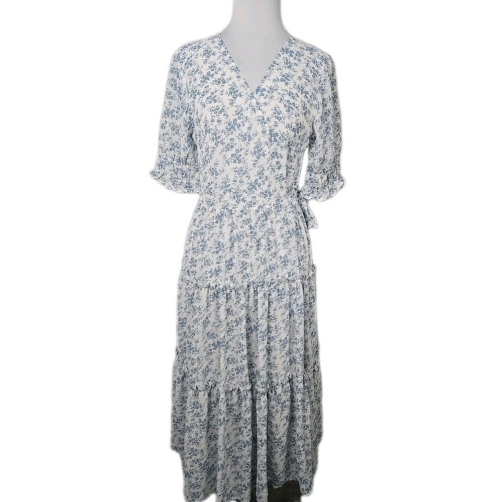 Burans White Blue Floral Chiffon Full Wrap Short Sleeve Dress Size 10